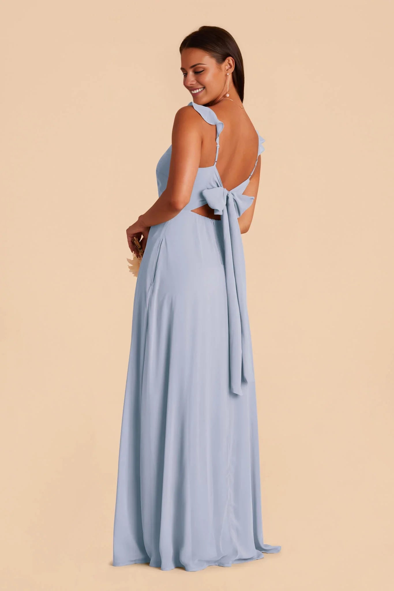 Charming Dusty Blue Chiffon Deep V-Neck Ruffle-Strap Maxi Bridesmaid Dress with Cutout Back & High Side Slit