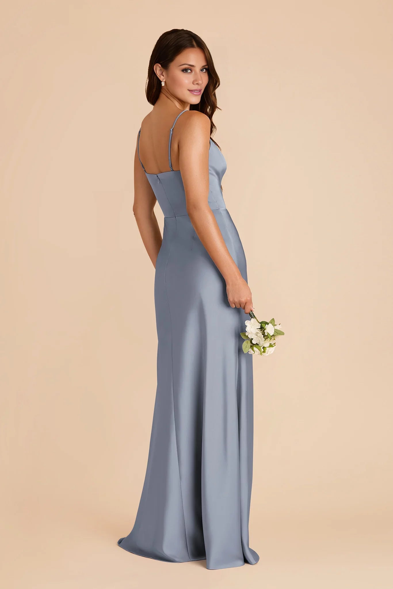 Charming Dusty Blue Satin Deep V-Neck Spaghetti-Strap Maxi Bridesmaid Dress with Ruffle Trim & High Side Slit