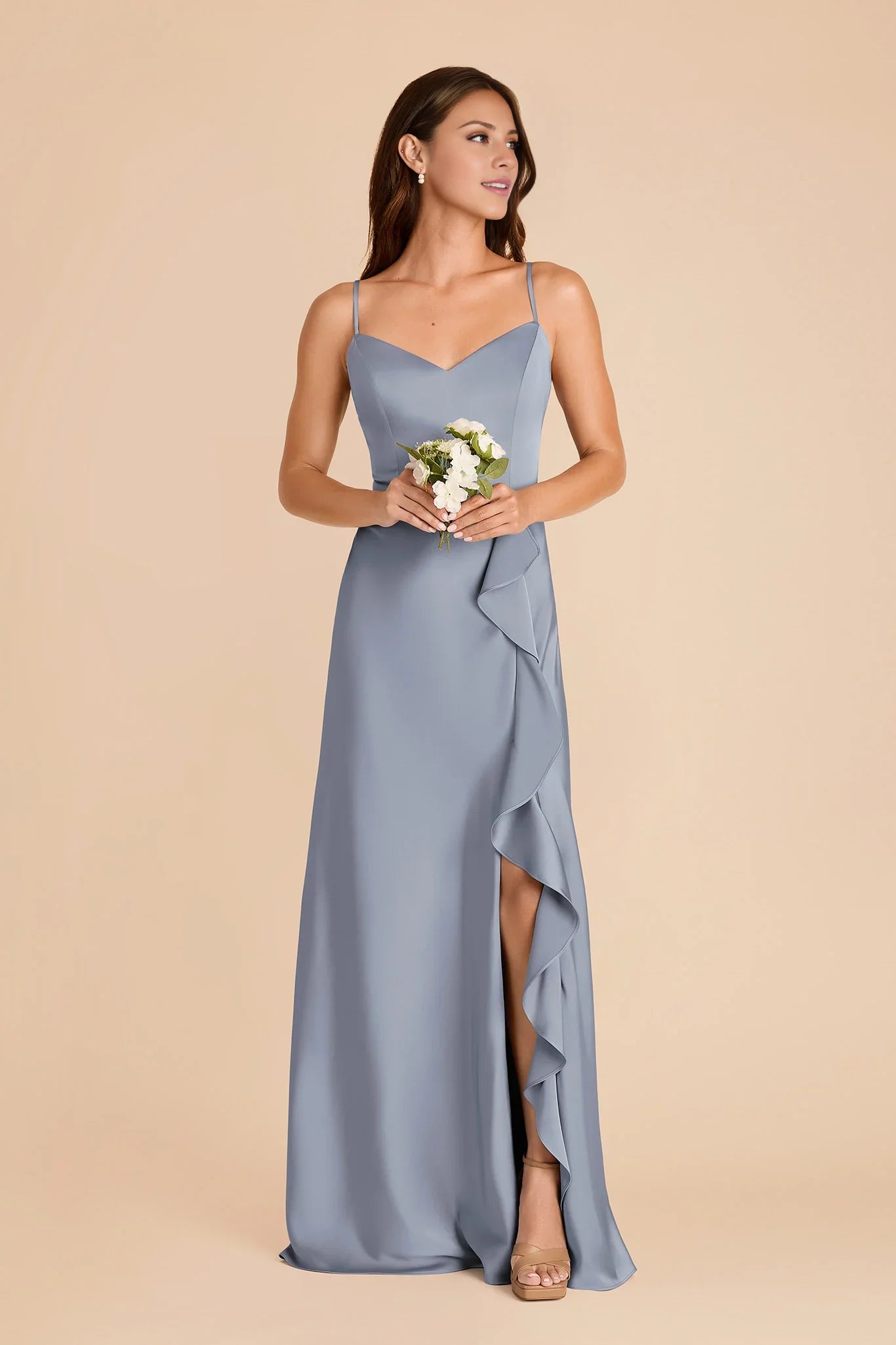 Charming Dusty Blue Satin Deep V-Neck Spaghetti-Strap Maxi Bridesmaid Dress with Ruffle Trim & High Side Slit