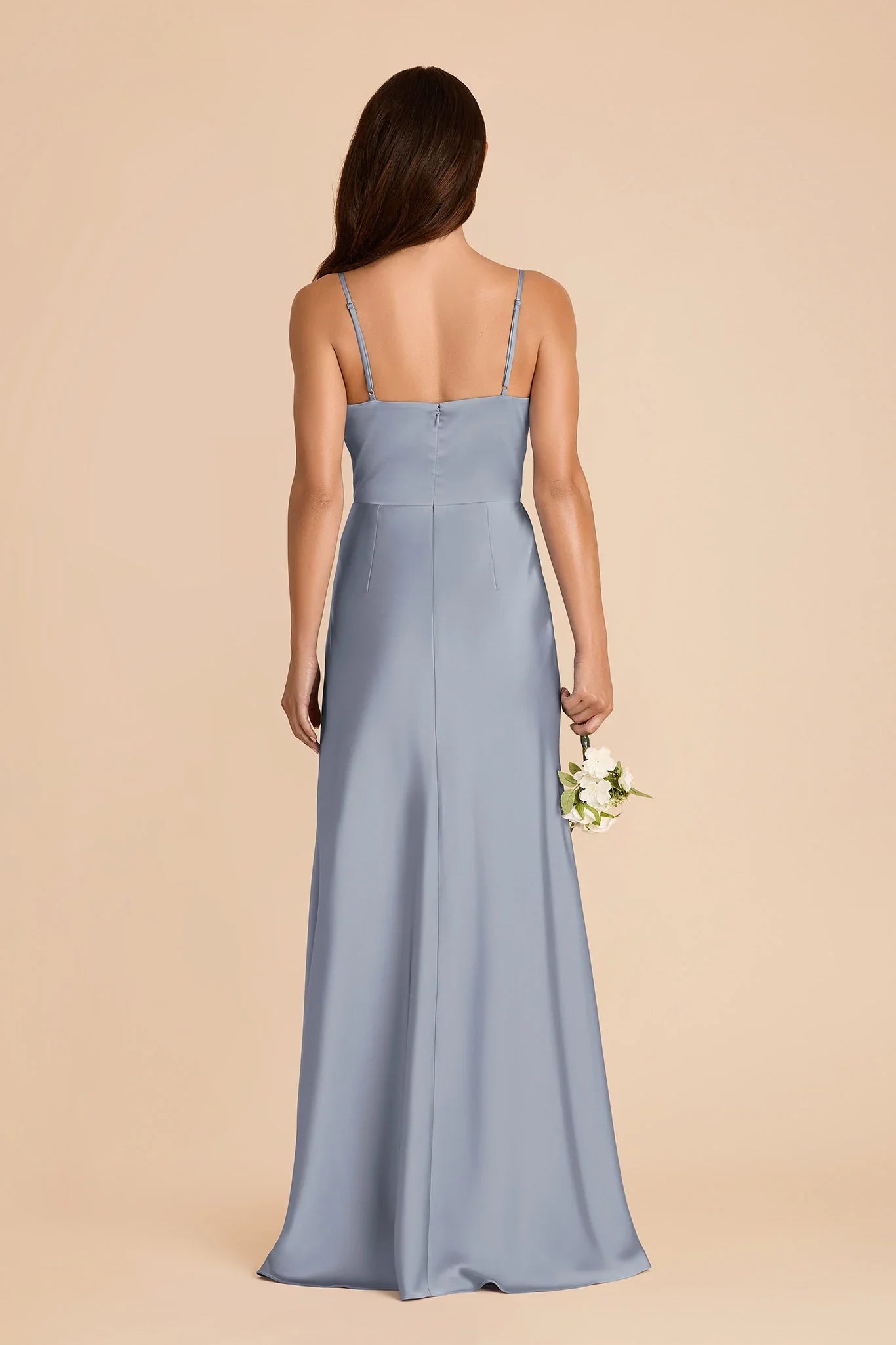 Charming Dusty Blue Satin Deep V-Neck Spaghetti-Strap Maxi Bridesmaid Dress with Ruffle Trim & High Side Slit
