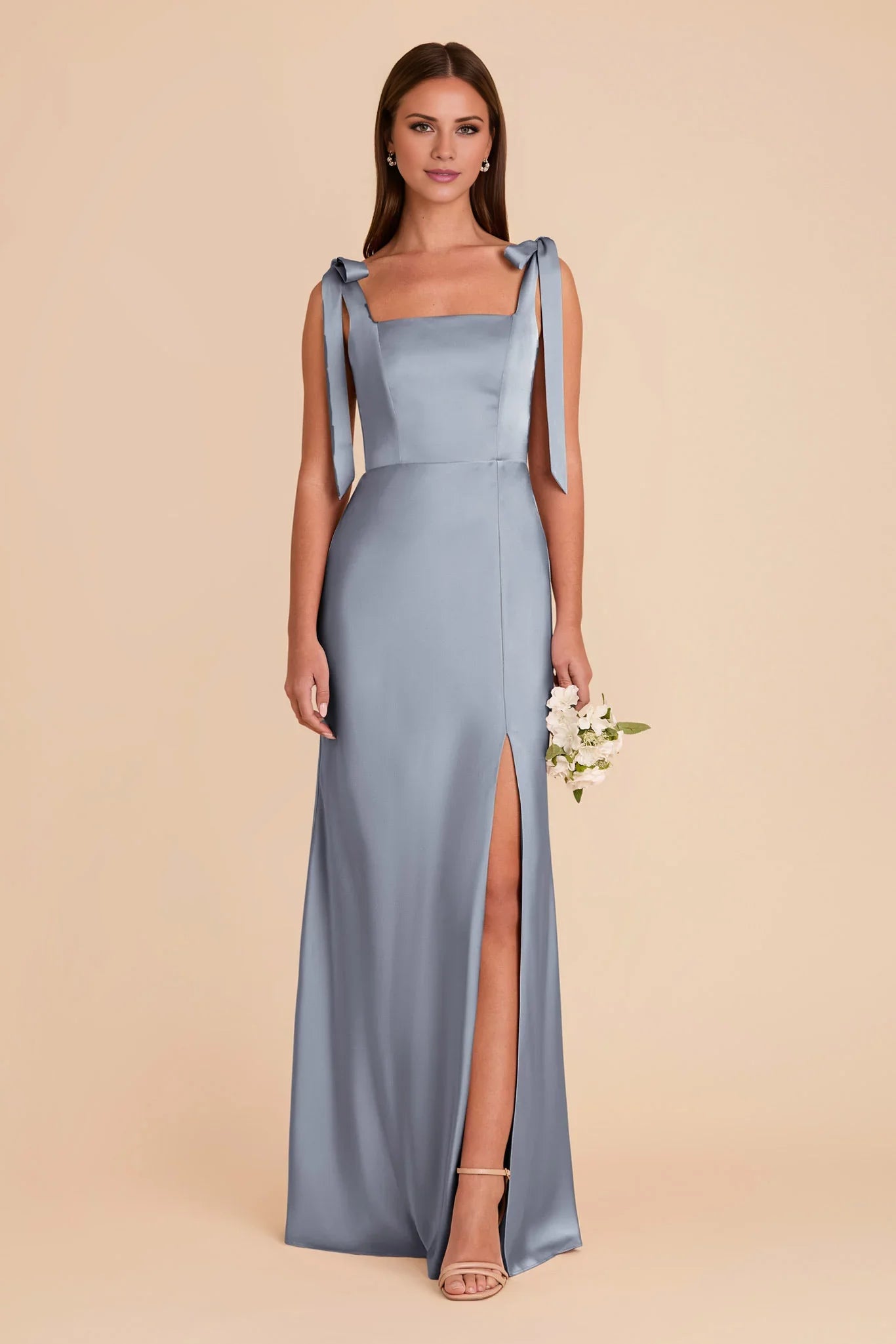 Charming Dusty Blue Satin Square Neck Bow-Strap Maxi Bridesmaid Dress with High Side Slit