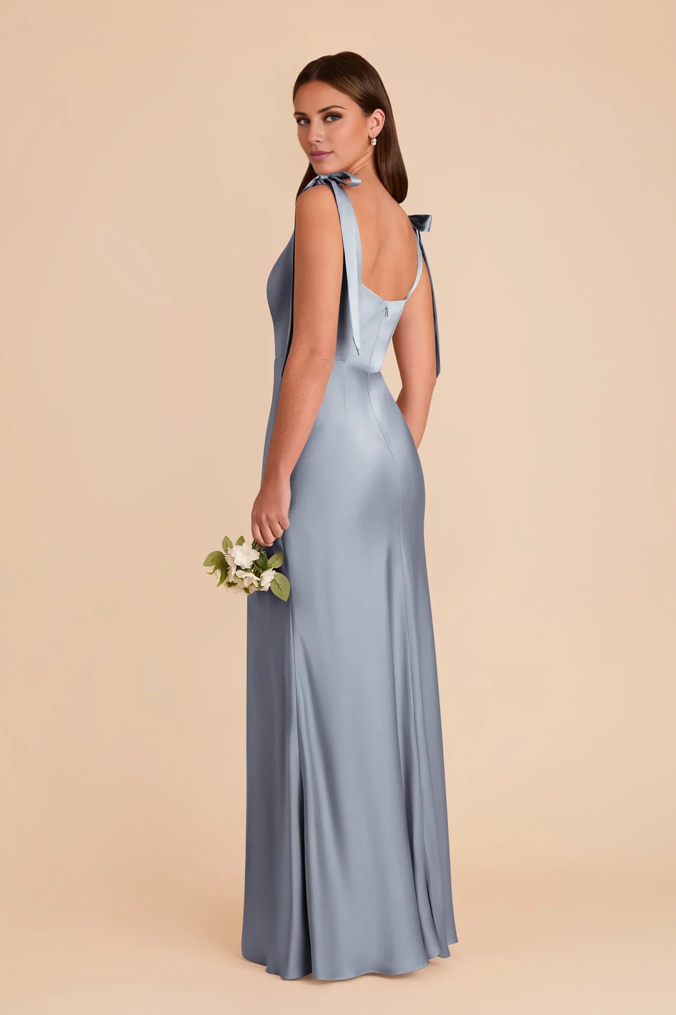 Charming Dusty Blue Satin Square Neck Bow-Strap Maxi Bridesmaid Dress with High Side Slit