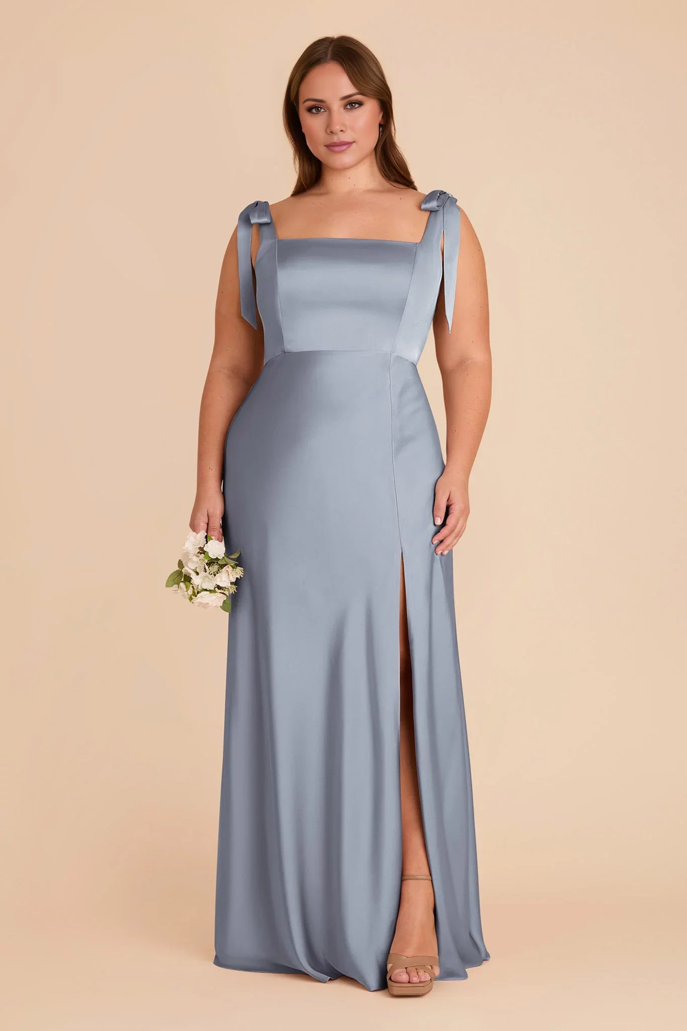 Charming Dusty Blue Satin Square Neck Bow-Strap Maxi Bridesmaid Dress with High Side Slit