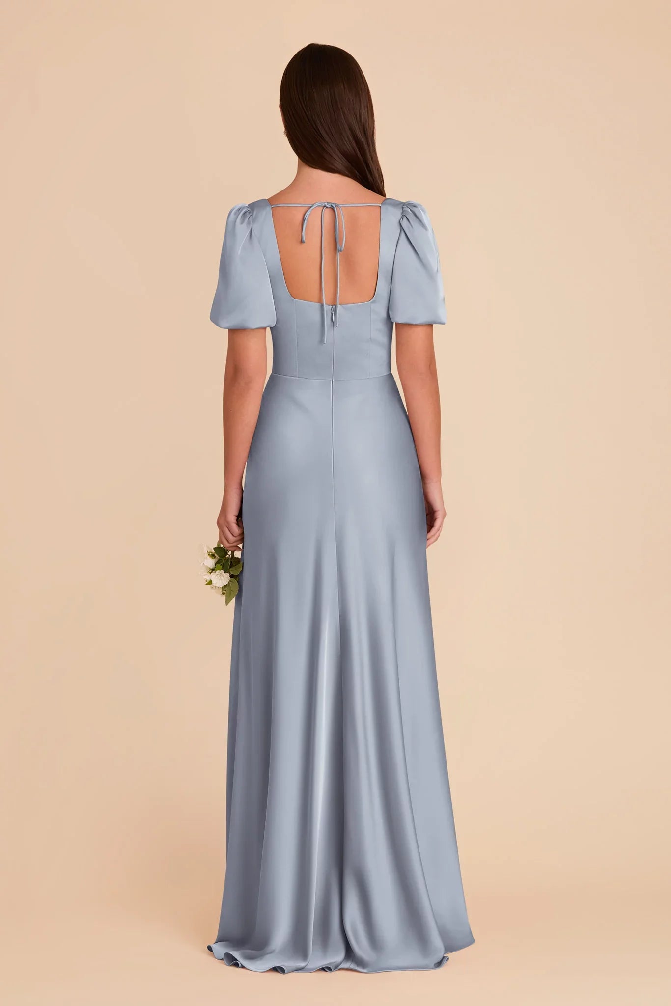 Charming Dusty Blue Satin Square Neck Puff-Sleeve Maxi Bridesmaid Dress with High Side Slit & Open Back