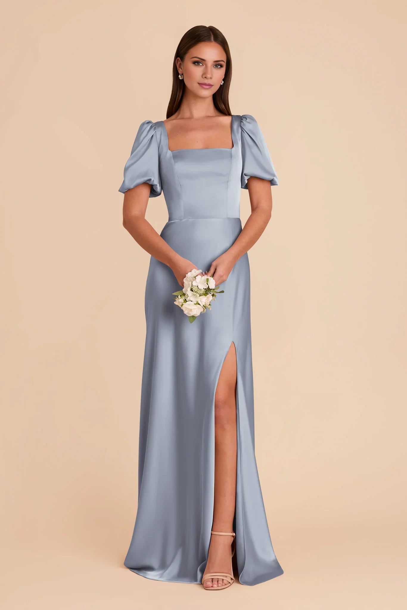 Charming Dusty Blue Satin Square Neck Puff-Sleeve Maxi Bridesmaid Dress with High Side Slit & Open Back