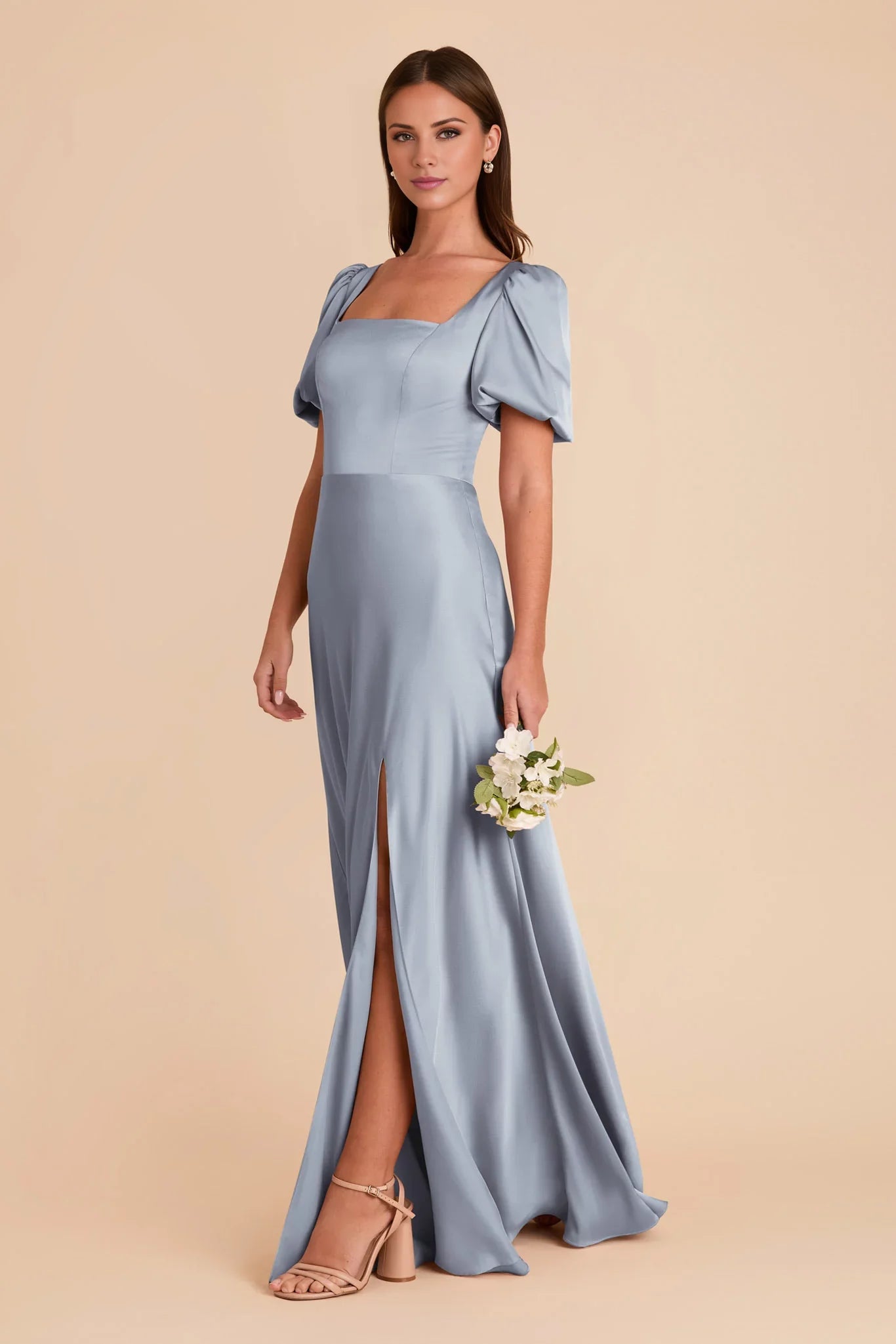 Charming Dusty Blue Satin Square Neck Puff-Sleeve Maxi Bridesmaid Dress with High Side Slit & Open Back
