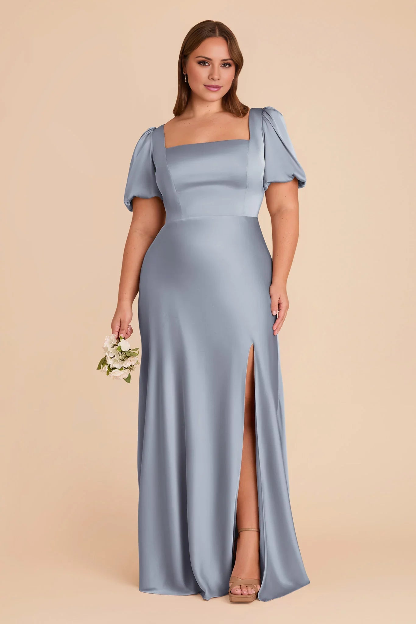 Charming Dusty Blue Satin Square Neck Puff-Sleeve Maxi Bridesmaid Dress with High Side Slit & Open Back