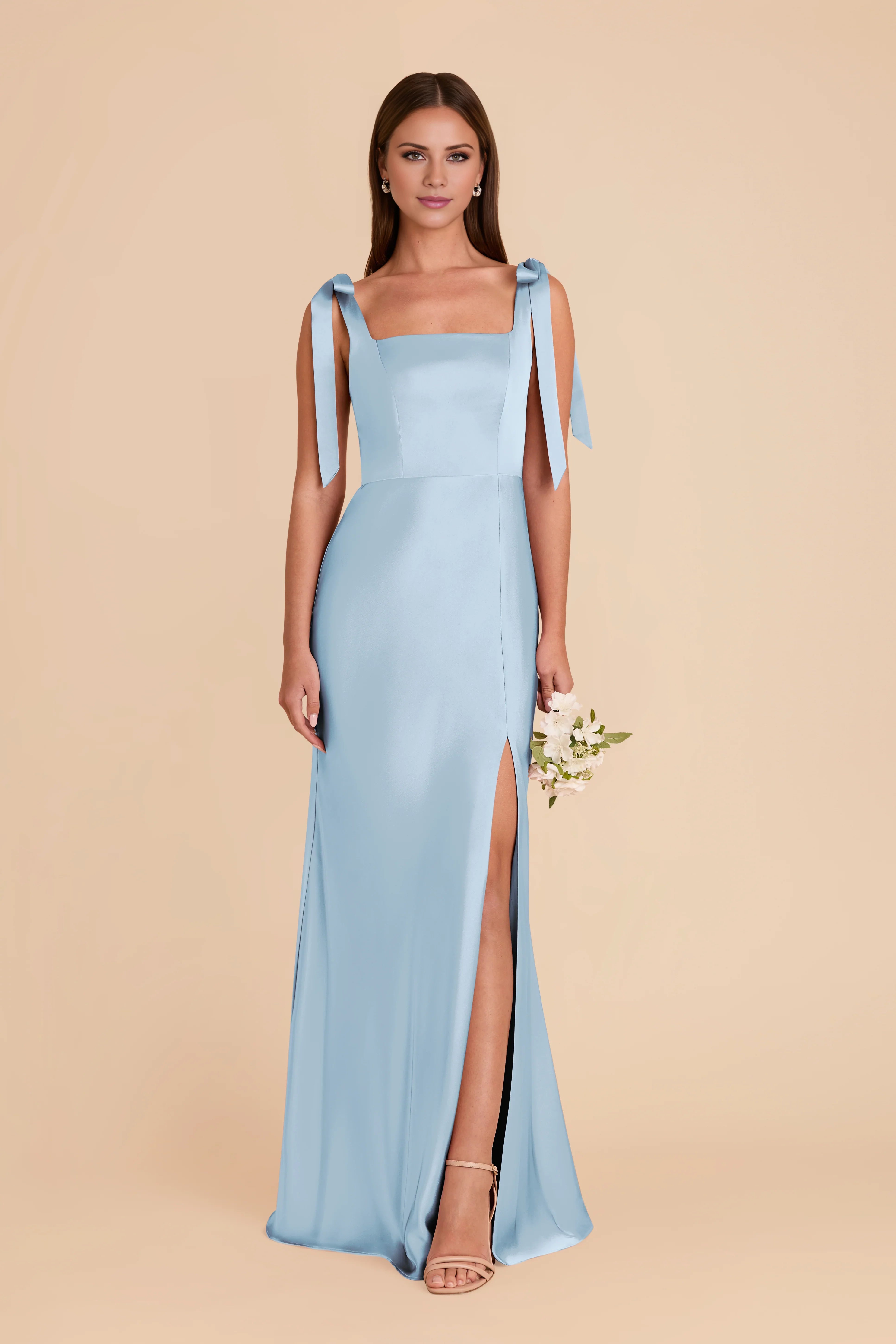Charming Sky Blue Square Neck Satin Bow-Strap Floor-Length Bridesmaid Dress