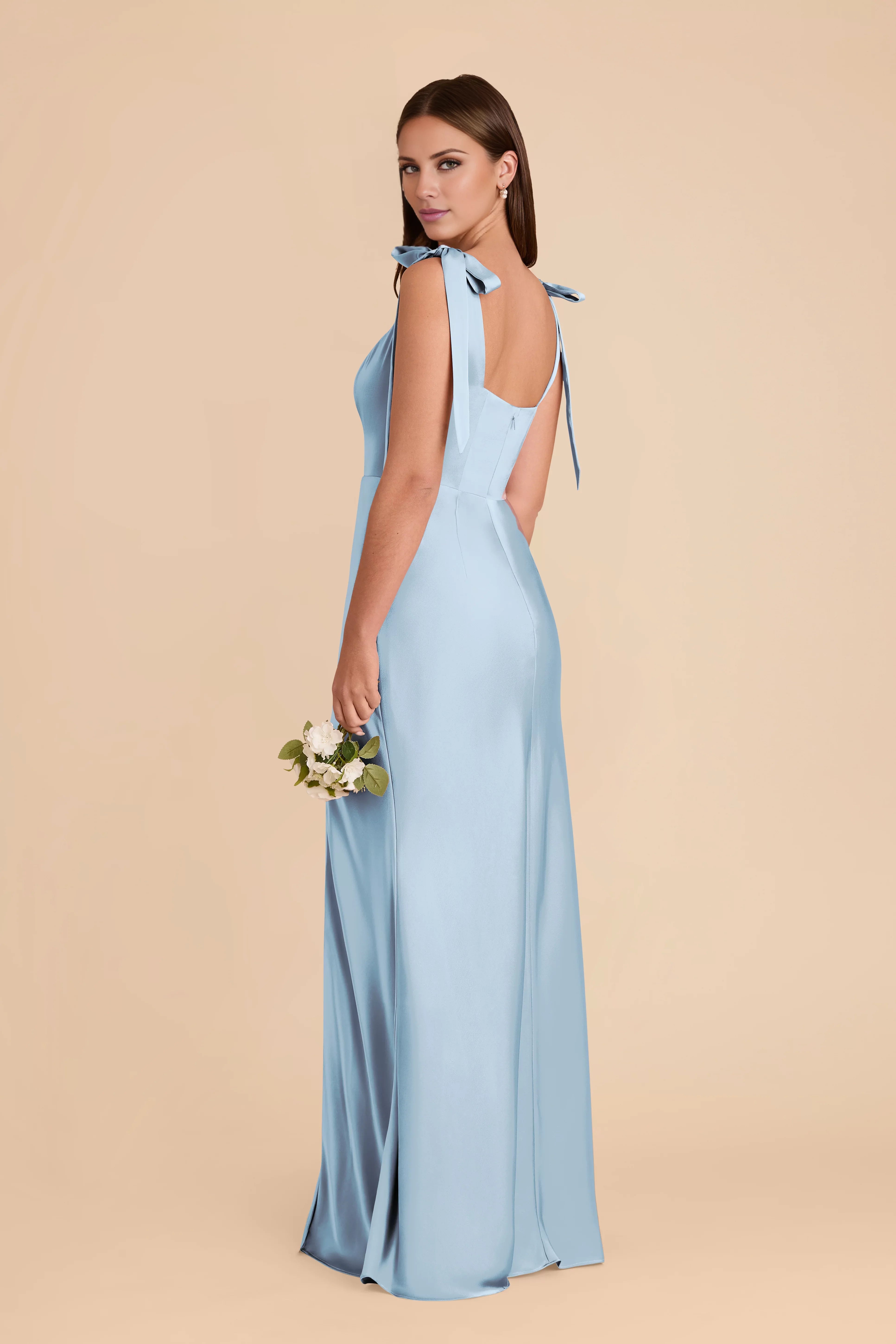 Charming Sky Blue Square Neck Satin Bow-Strap Floor-Length Bridesmaid Dress