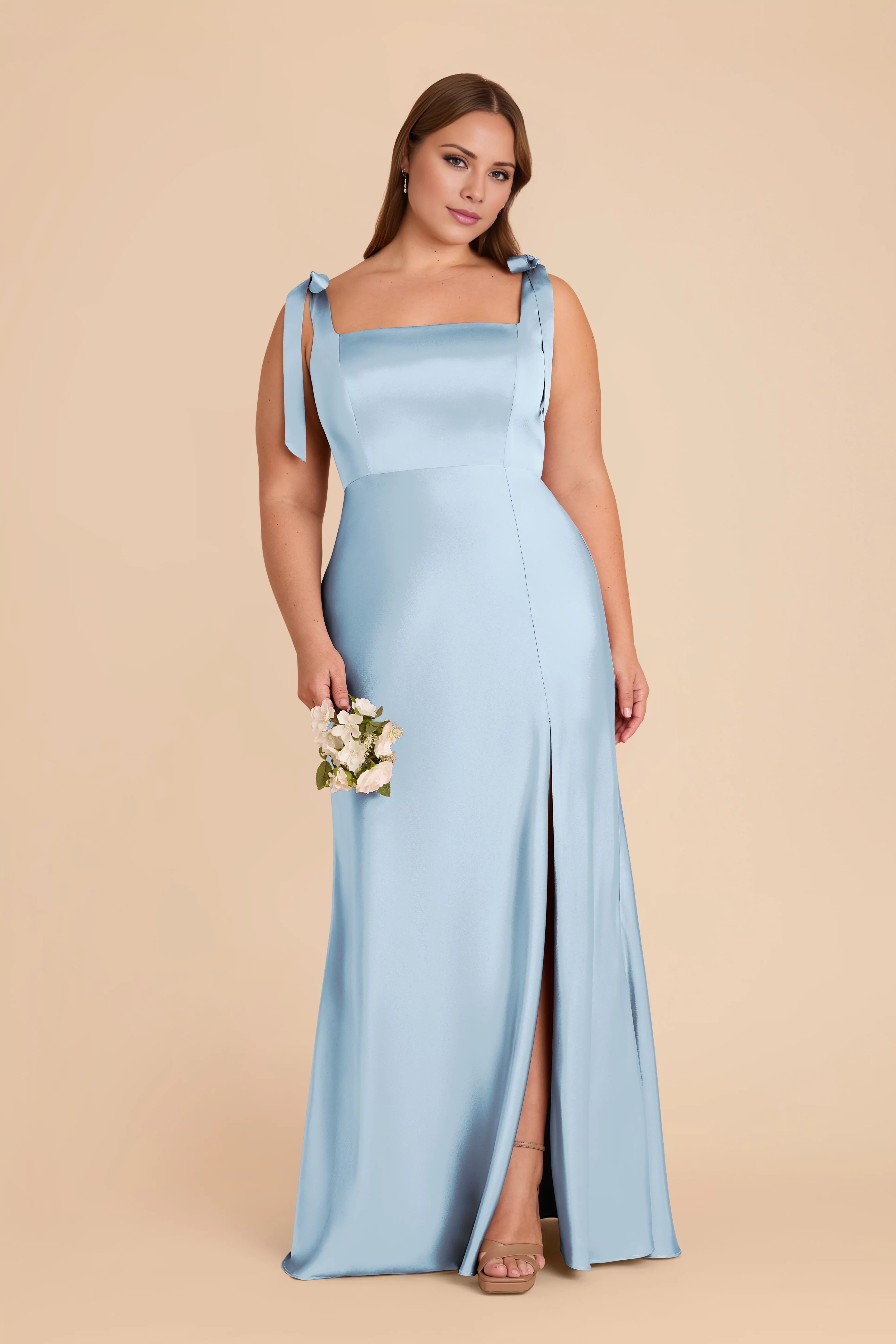 Charming Sky Blue Square Neck Satin Bow-Strap Floor-Length Bridesmaid Dress