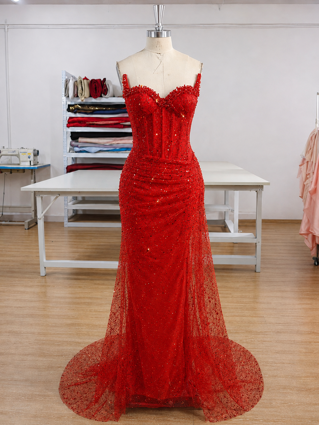 Red Sequin Mesh Mermaid Sweetheart Lace-Up Back Floor Length Dress