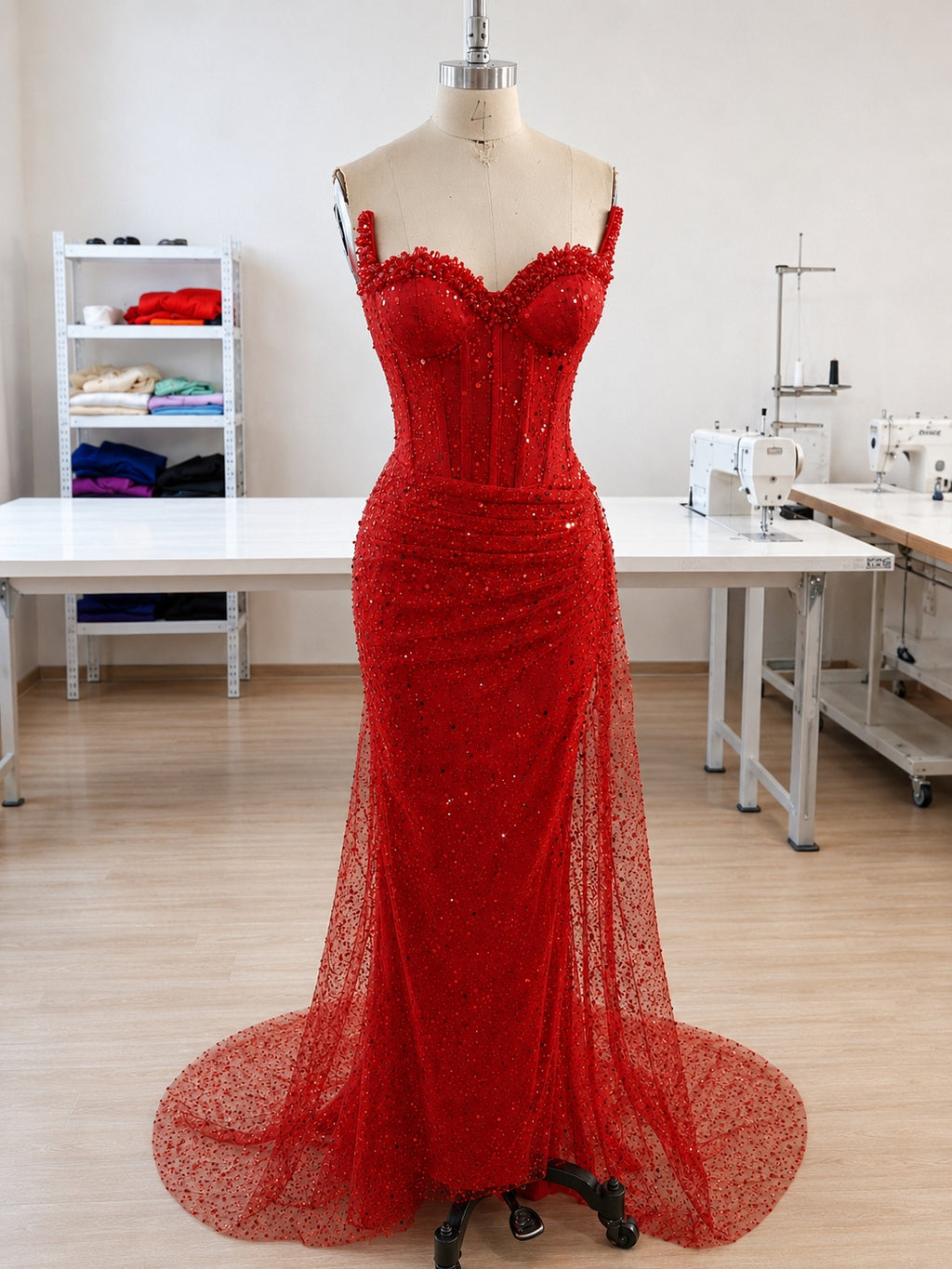 Red Sequin Mesh Mermaid Sweetheart Lace-Up Back Floor Length Dress