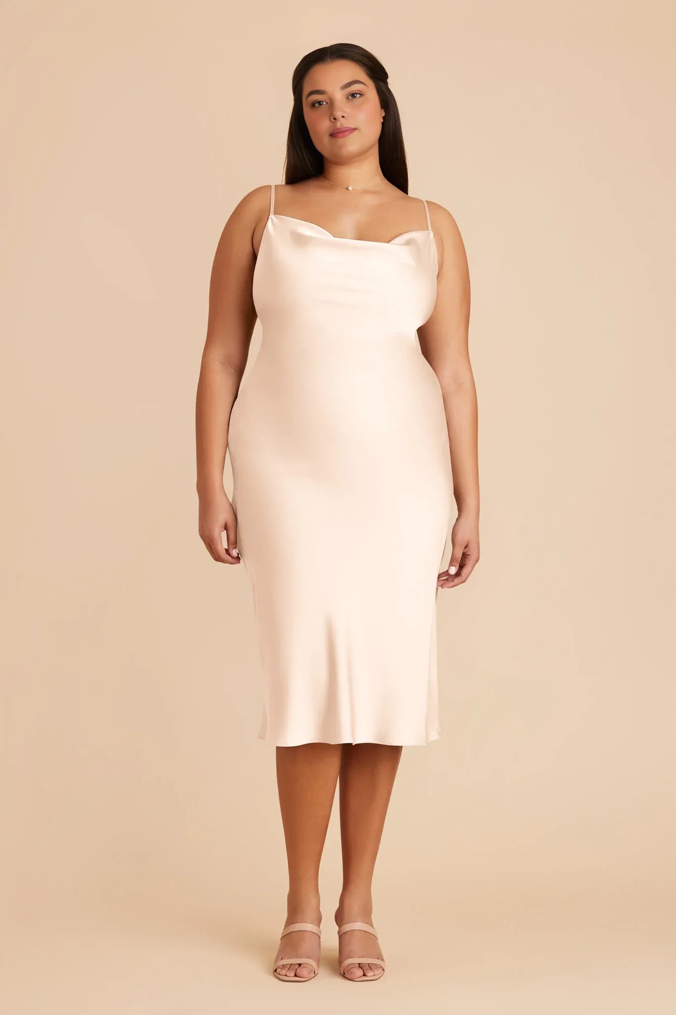 Cheap Sheath/Column Cowl Neck Sleeveless Satin Midi Bridesmaid Dress