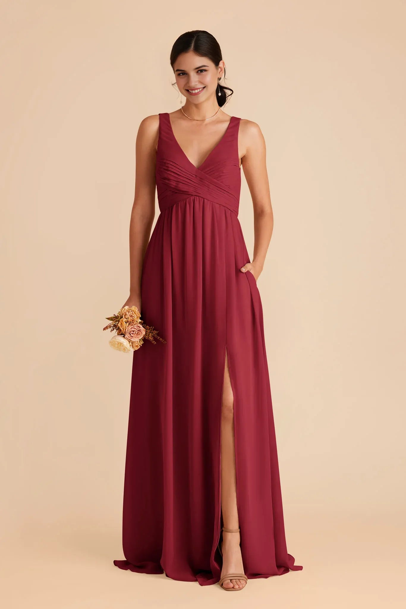 Chic A-Line Chiffon Deep V Sleeveless Open Back Floor Length Bridesmaid Dress