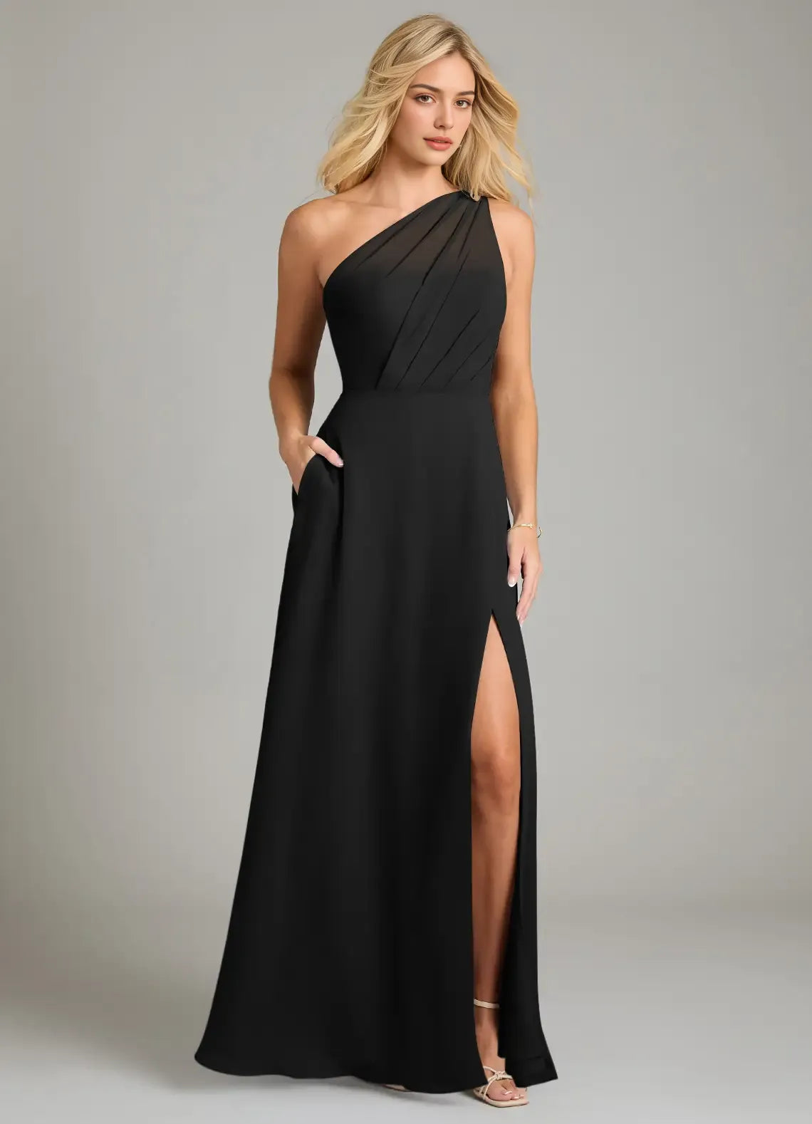 Chic A-Line Chiffon One Shoulder Sleeveless Sheer Back Floor Length Bridesmaid Dress
