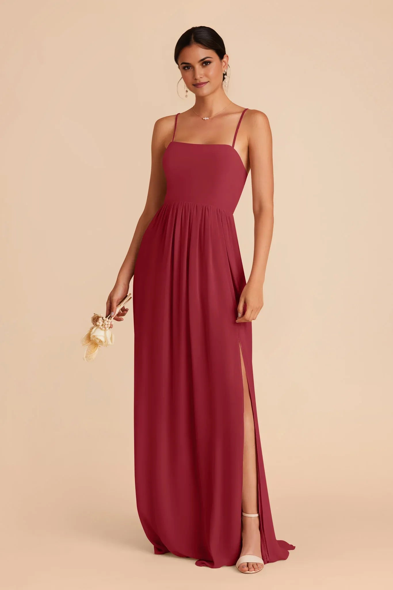 Chic A Line Chiffon Square Neck Spaghetti Strap Zipper Back Floor Length Bridesmaid Dress