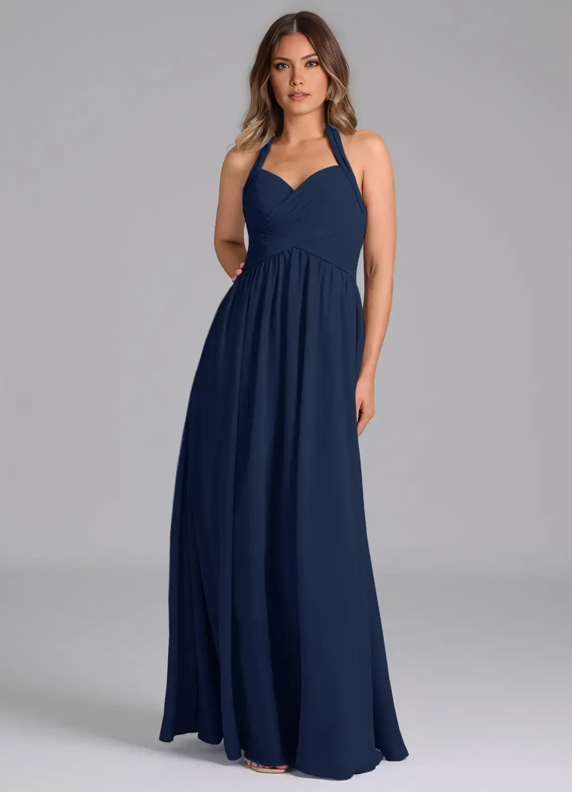 Chic A-Line Chiffon Sweetheart Halter Open Back Floor Length Bridesmaid Dress