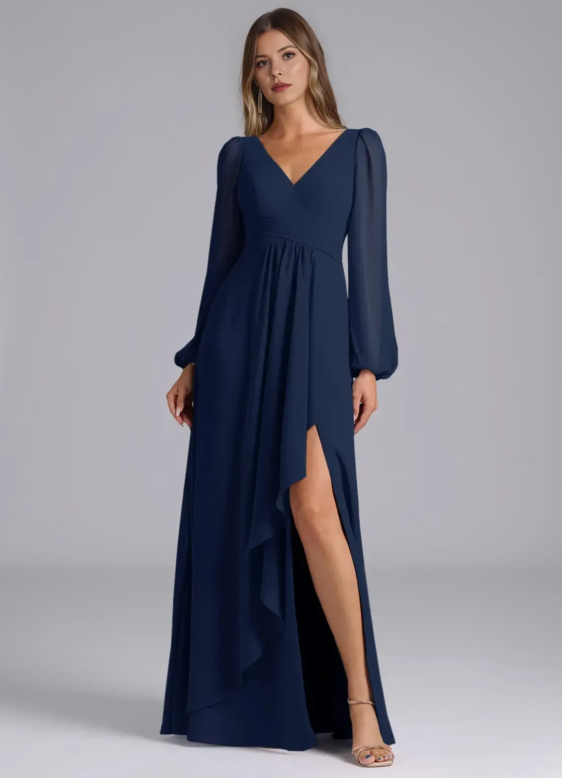 Chic A-Line Chiffon V Neck Puff Sleeve Open Back Floor Length Bridesmaid Dress