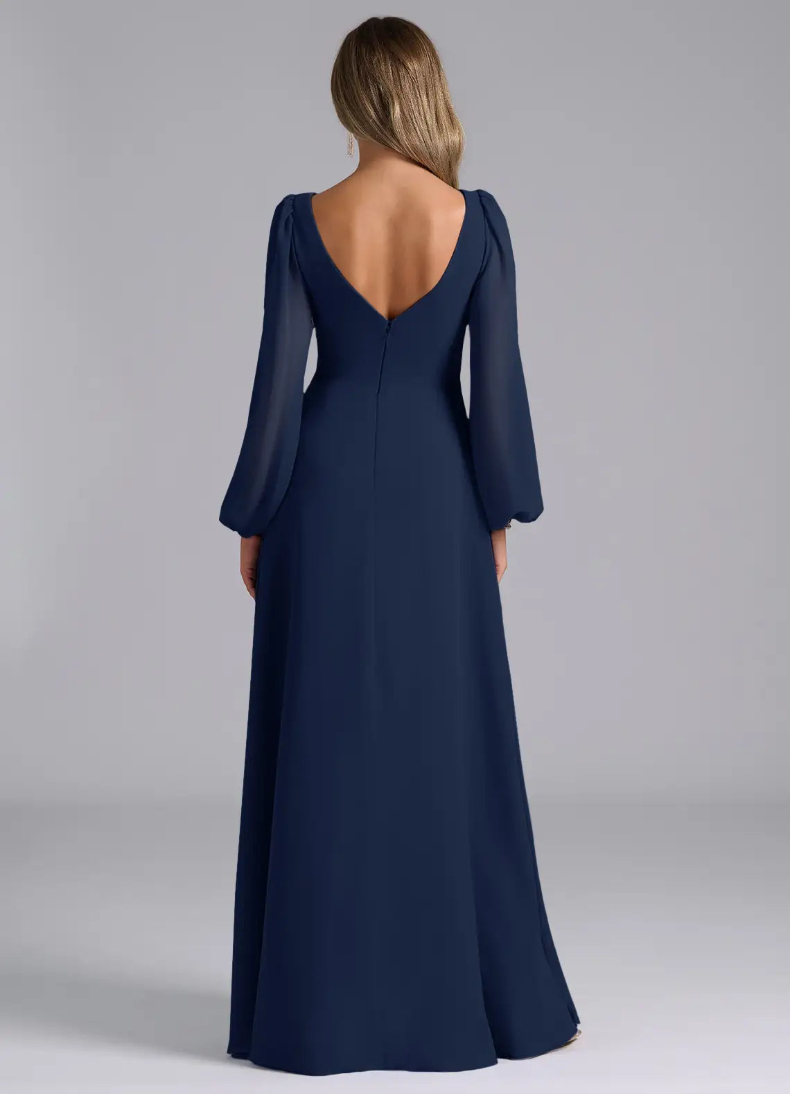 Chic A-Line Chiffon V Neck Puff Sleeve Open Back Floor Length Bridesmaid Dress