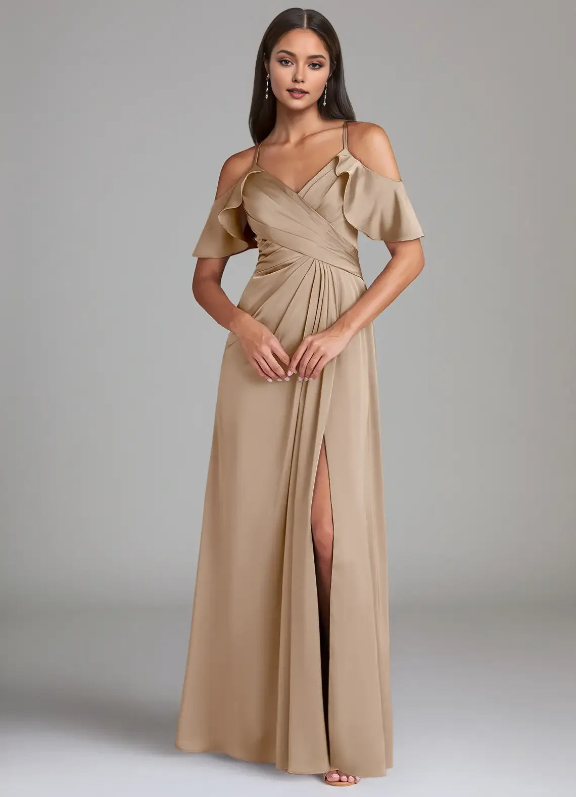 Chic A-Line Cold Shoulder Ruffle Sleeve Keyhole Back Floor Length Bridesmaid Dress