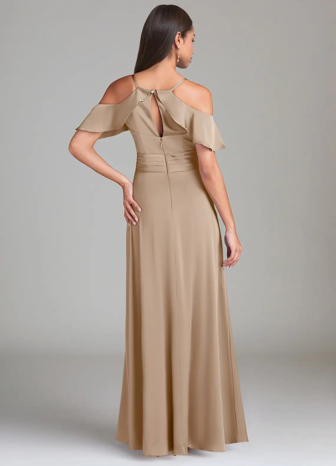 Chic A-Line Cold Shoulder Ruffle Sleeve Keyhole Back Floor Length Bridesmaid Dress