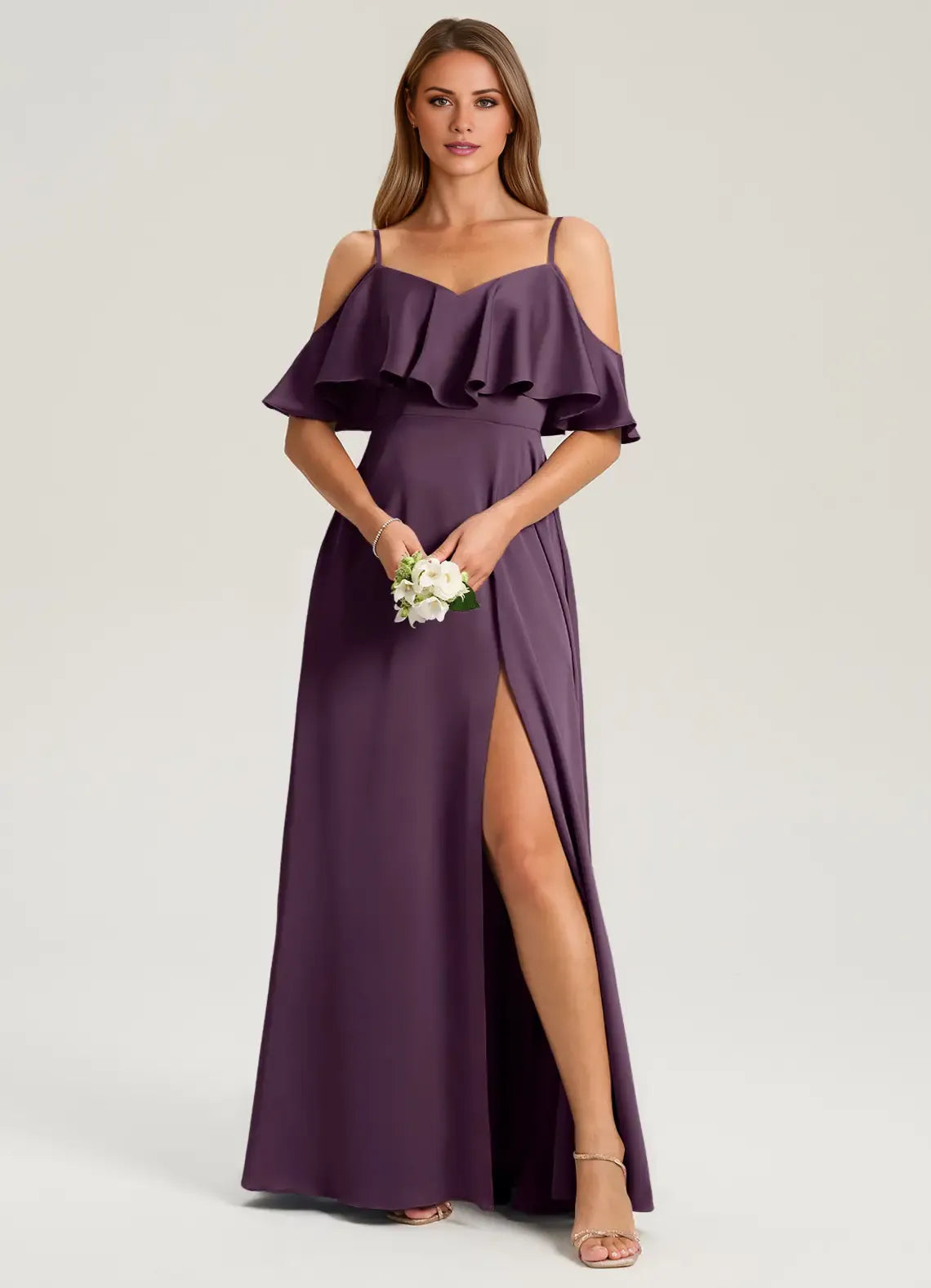 Chic A-Line Cold Shoulder Ruffle Sleeve V Back Floor Length Bridesmaid Dress