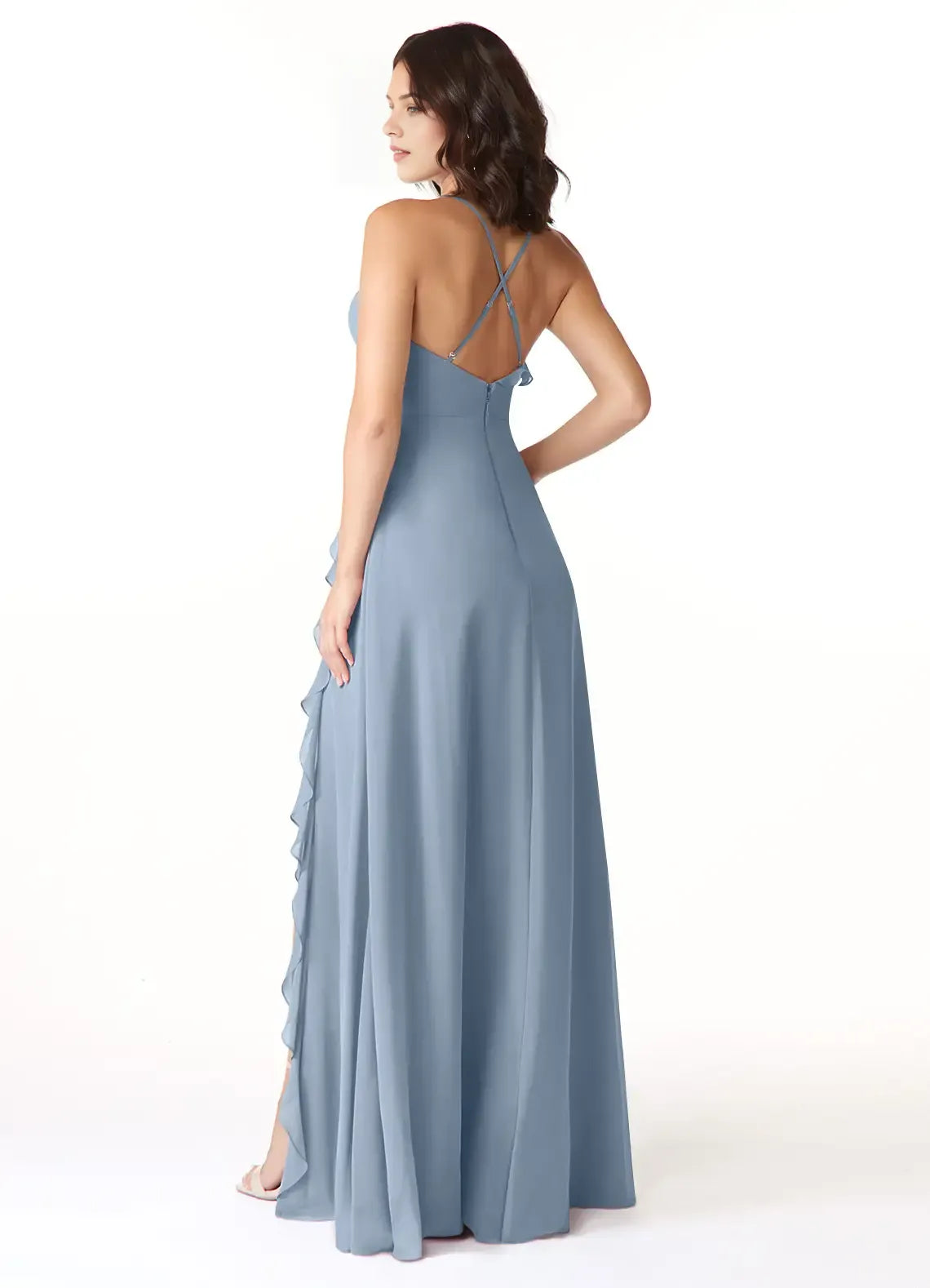 Chic A-Line Deep V Neck Ruffle Sleeveless Cross Back Floor Length Bridesmaid Dress