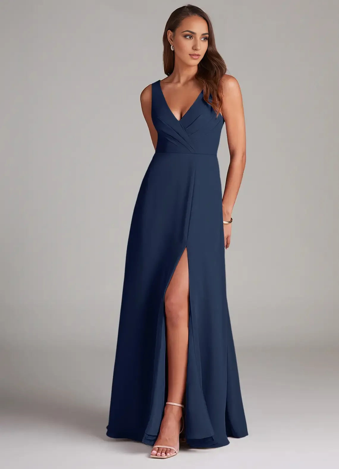 Chic A-Line Deep V Neck Sleeveless V Back Floor Length Bridesmaid Dress