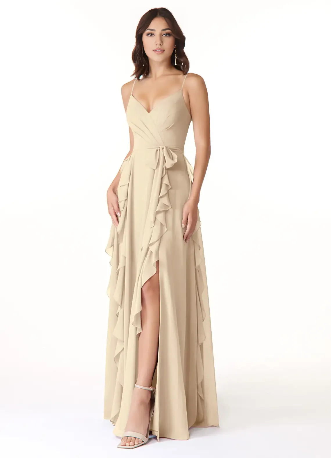 Chic A-Line Deep V Neck Sleeveless Zip Back Floor Length Bridesmaid Dress