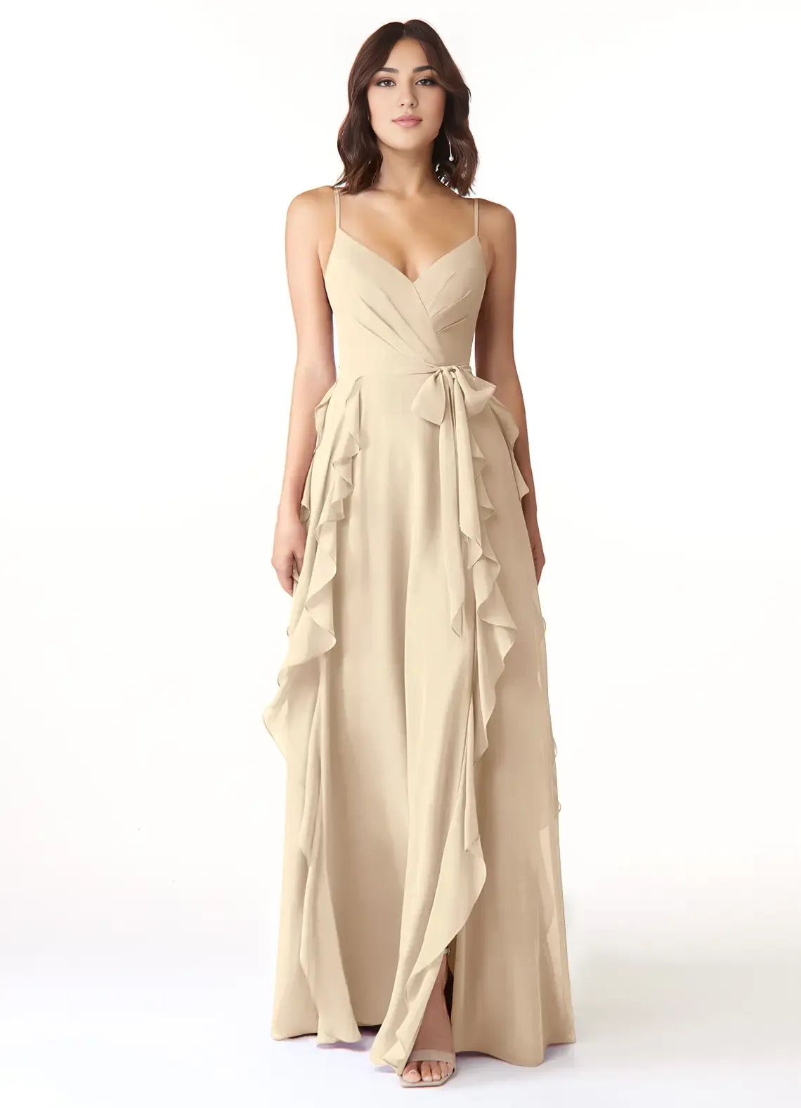 Chic A-Line Deep V Neck Sleeveless Zip Back Floor Length Bridesmaid Dress