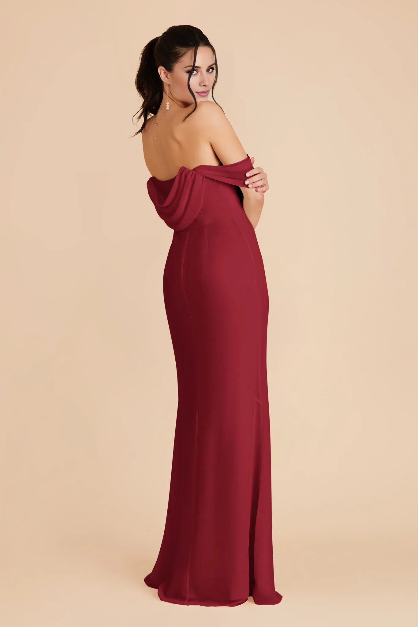 Chic Fitted Chiffon Off The Shoulder Bow Sleeve Open Back Floor Length Bridesmaid Dresses