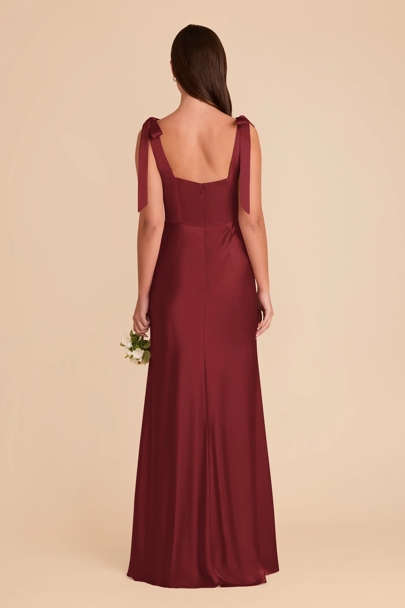 Chic Fitted Satin Square Neck Tie Shoulder Open Back Floor Length Bridesmaid Dresses