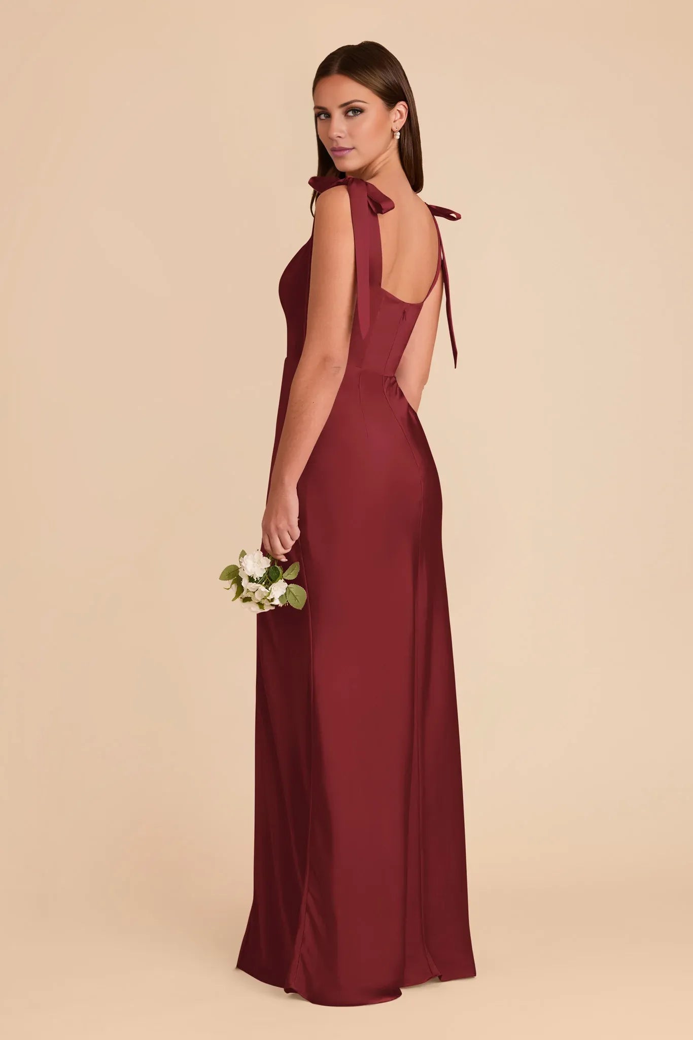 Chic Fitted Satin Square Neck Tie Shoulder Open Back Floor Length Bridesmaid Dresses