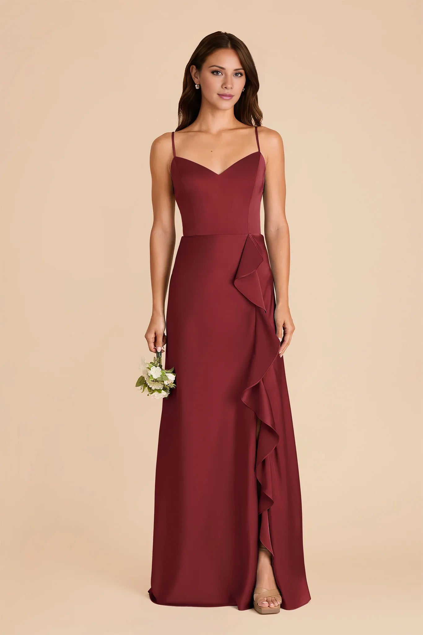 Chic Ruffled Satin V-Neck Spaghetti-Strap Open Back Floor Length Bridesmaid Dresses