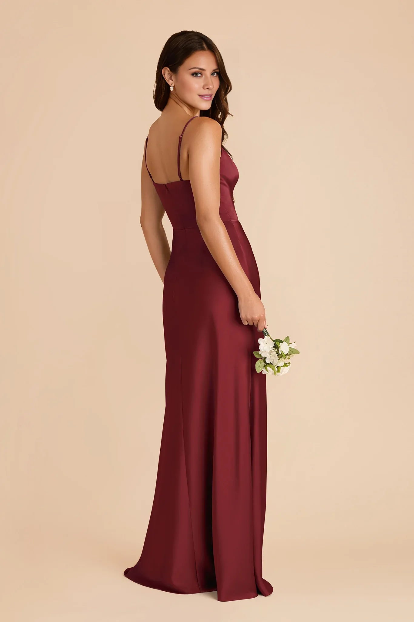 Chic Ruffled Satin V-Neck Spaghetti-Strap Open Back Floor Length Bridesmaid Dresses