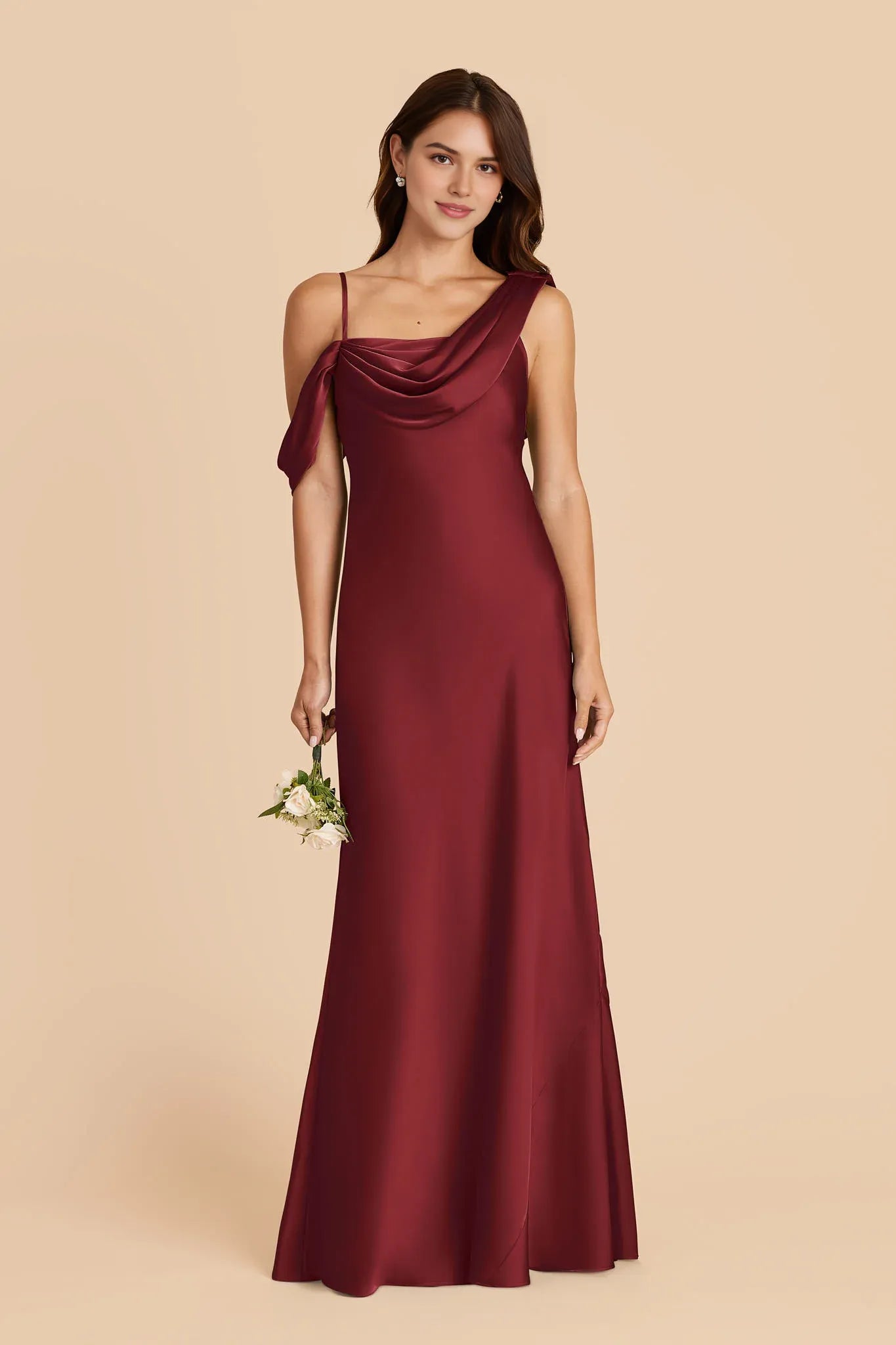 Chic Sheath Satin Asymmetric Cowl Neck Spaghetti Strap Open Back Floor Length Bridesmaid Dress