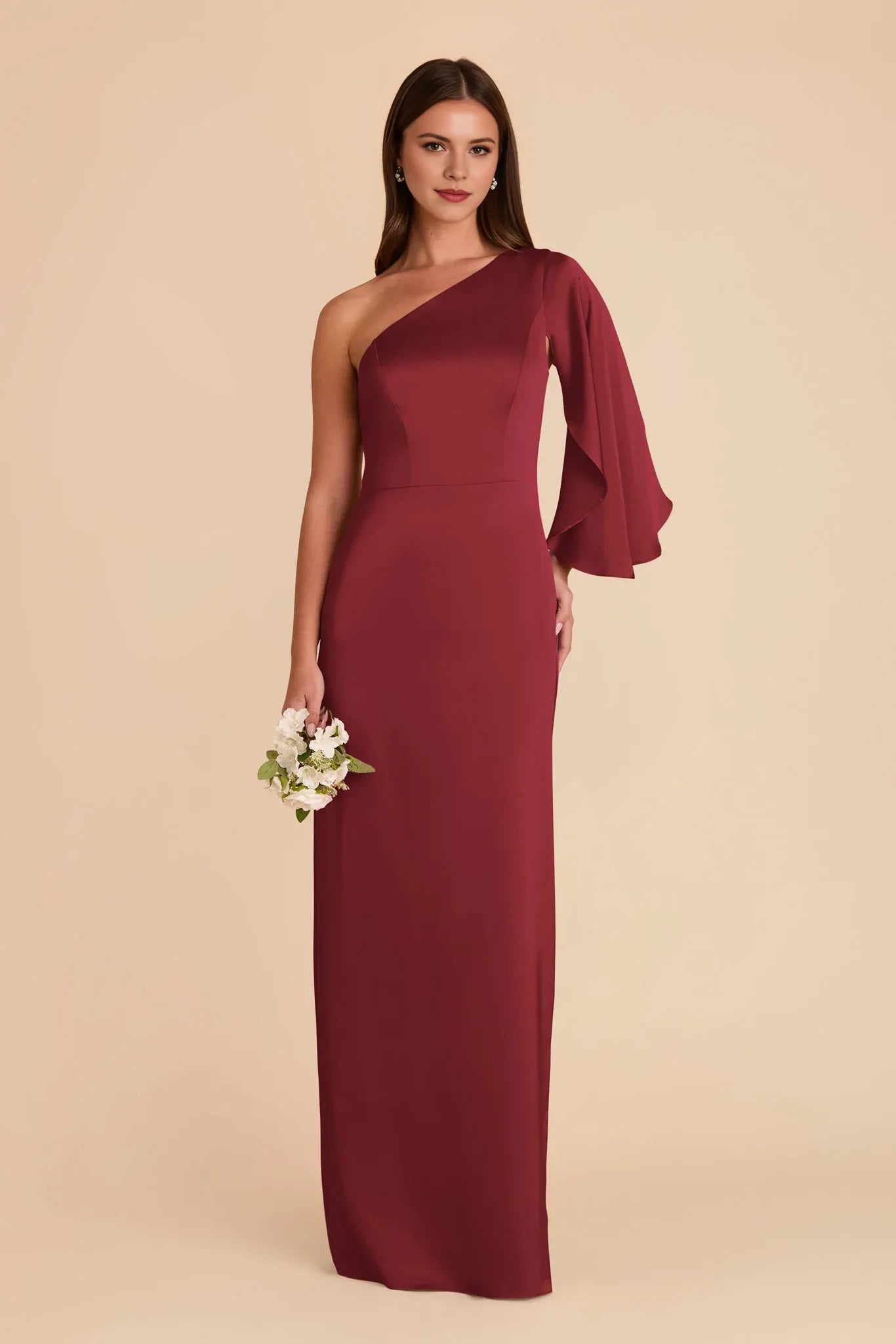 Chic Sheath Satin One Shoulder Flutter Sleeve Zipper Back Floor Length Bridesmaid Dress