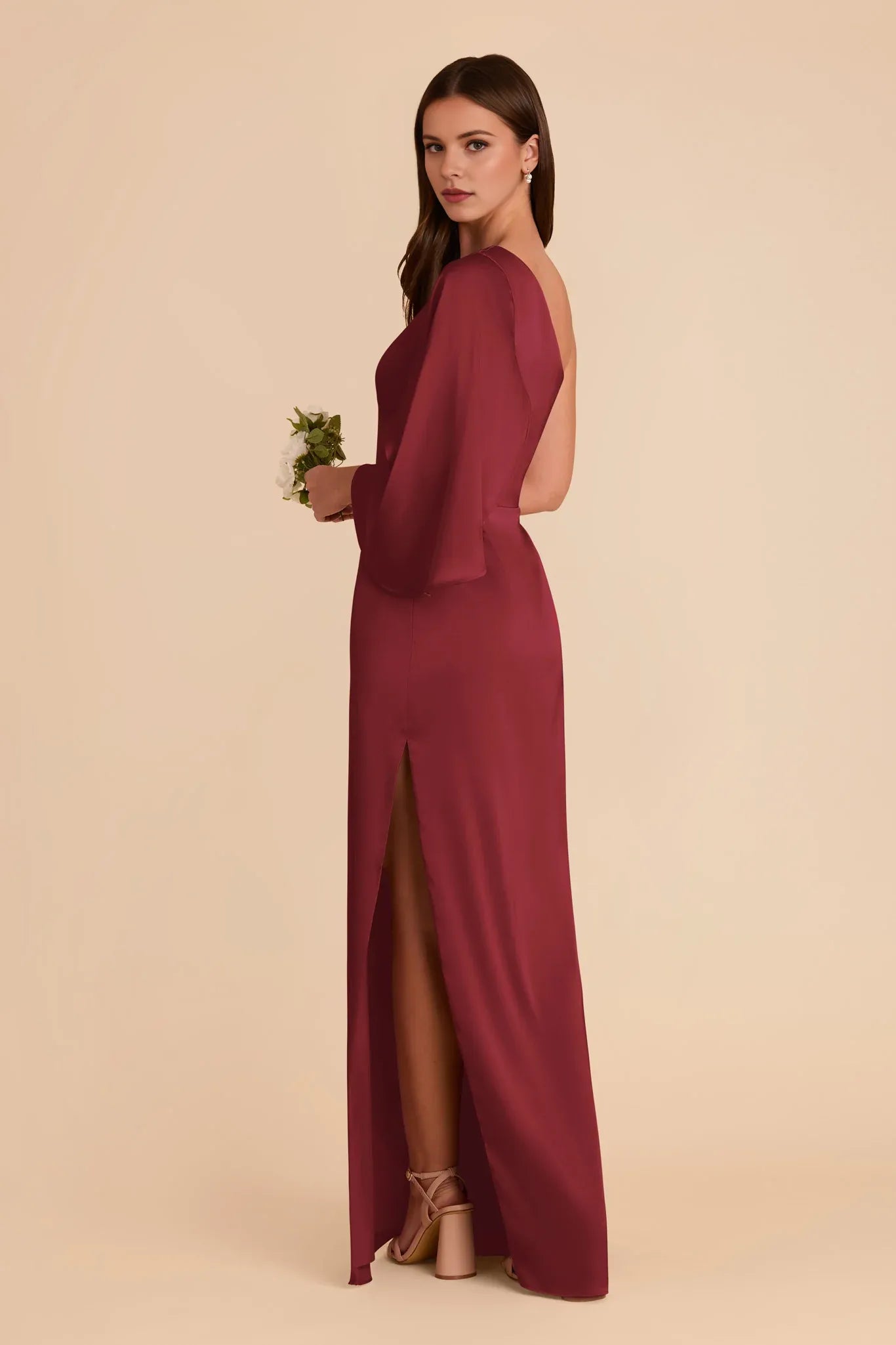 Chic Sheath Satin One Shoulder Flutter Sleeve Zipper Back Floor Length Bridesmaid Dress