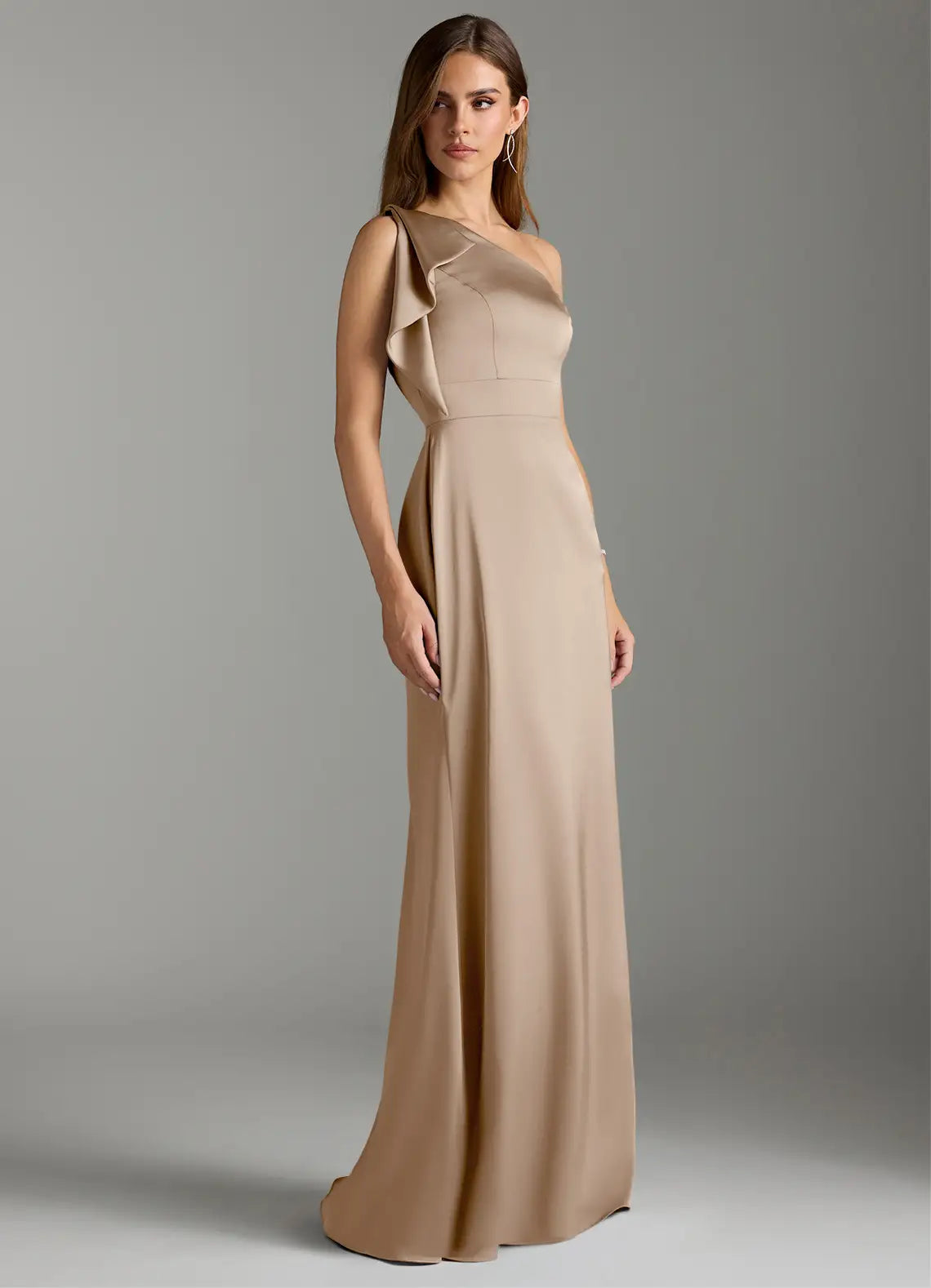 Chic Champagne Satin Bridesmaid Dresses with One-Shoulder Ruffle, Slim Fit and Floor-Length Silhouette