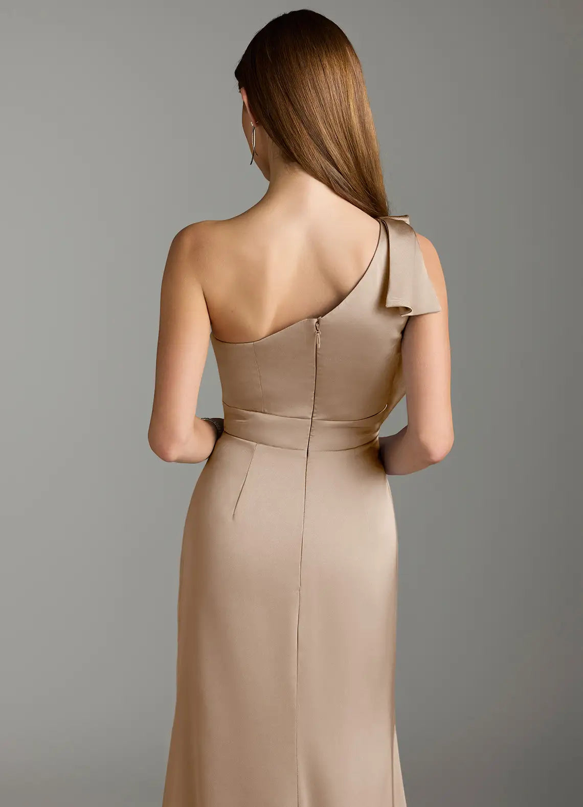 Chic Champagne Satin Bridesmaid Dresses with One-Shoulder Ruffle, Slim Fit and Floor-Length Silhouette