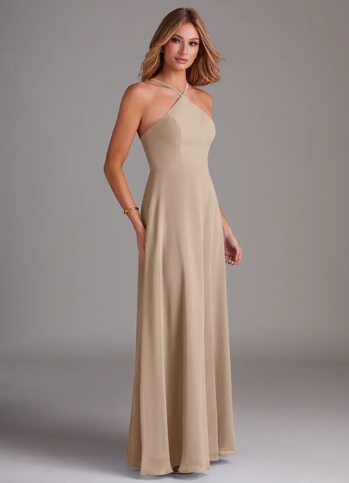 Chic Chiffon Bridesmaid Dress with Halter Neck, High Slit and Flowing Skirt