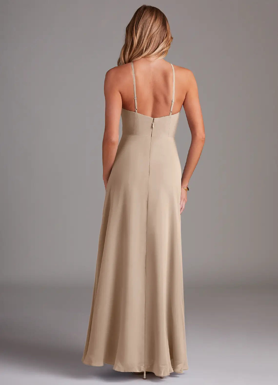 Chic Chiffon Bridesmaid Dress with Halter Neck, High Slit and Flowing Skirt