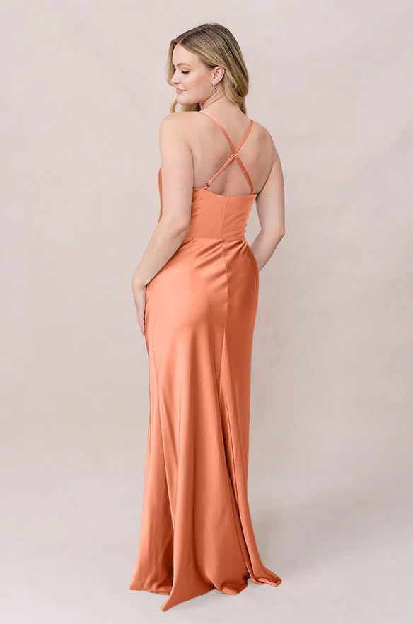 Chic Cowl Neck Cross-Back Spaghetti Strap Button-Detail High Slit Mermaid Floor-Length Bridesmaid Dress