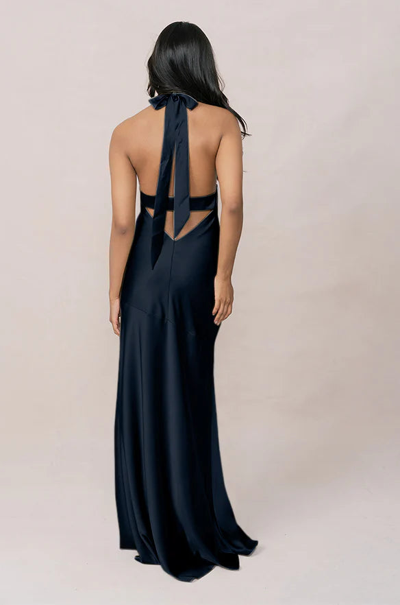 Chic Cross Halter Neck Navy Blue Satin Bridesmaid Dress with Self-Tie Back & High Thigh Slit