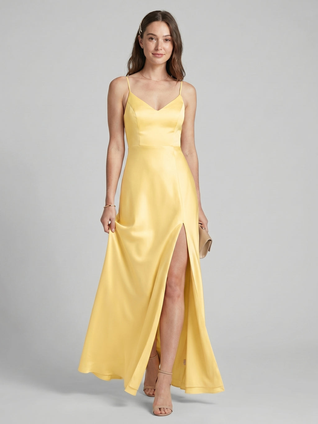 Chic Daffodil Satin A-Line V-Neck Back Zip Ankle-Length Bridesmaid Dress