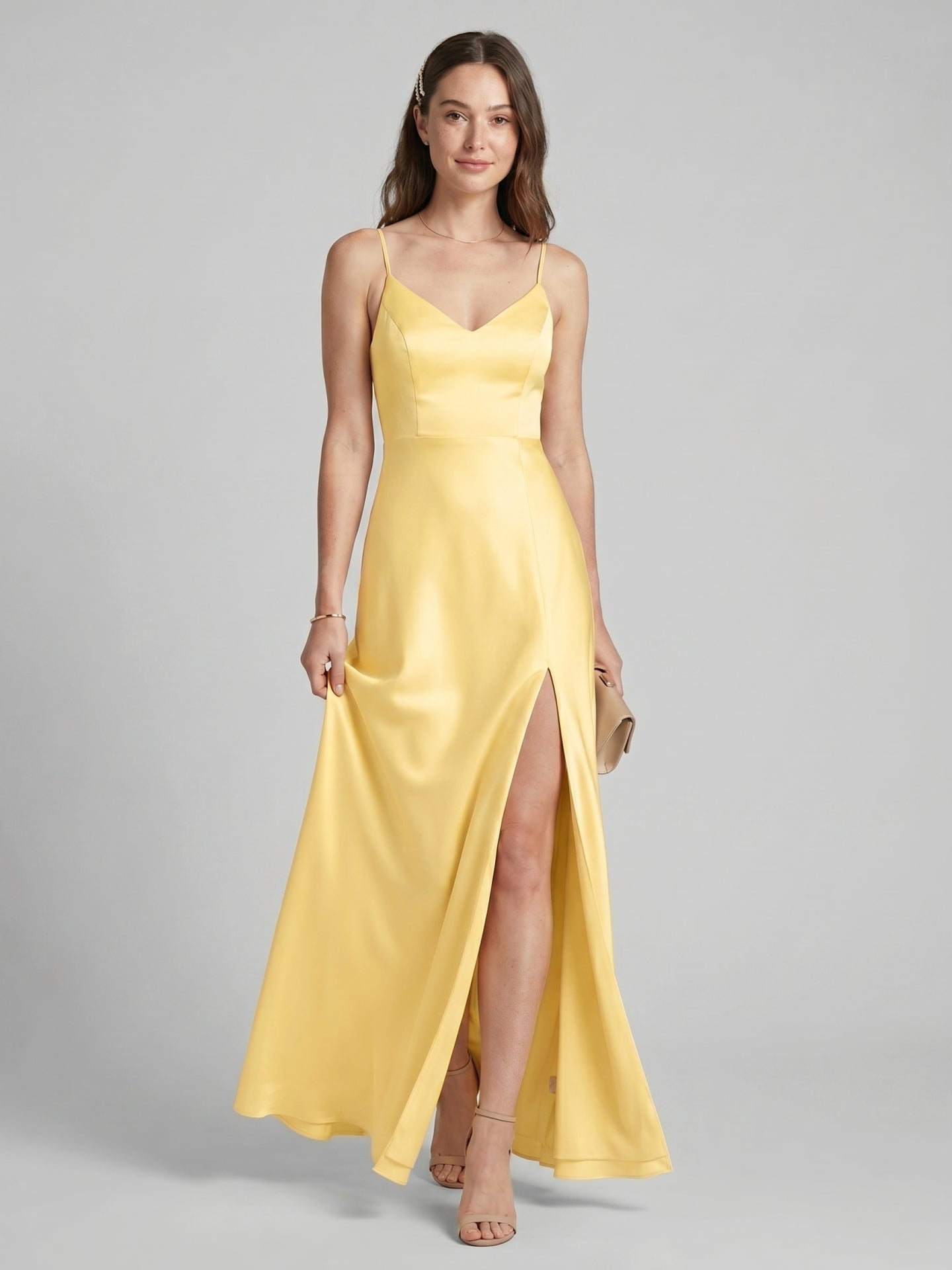 Chic Daffodil Satin A-Line V-Neck Back Zip Ankle-Length Bridesmaid Dress