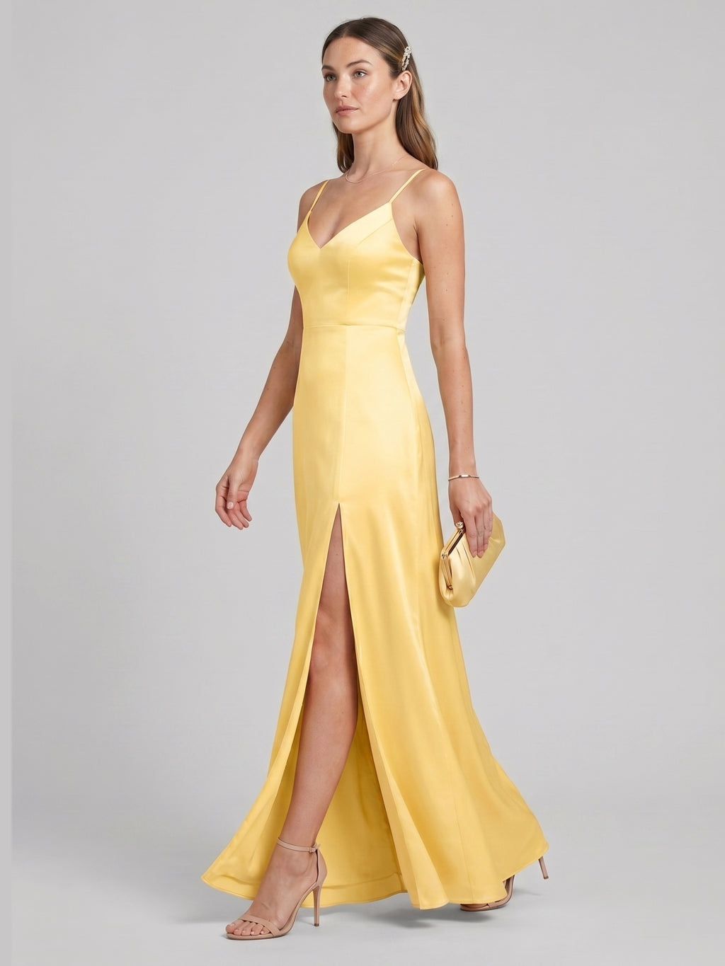 Chic Daffodil Satin A-Line V-Neck Back Zip Ankle-Length Bridesmaid Dress