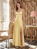 Chic Daffodil Satin A-Line V-Neck Back Zip Ankle-Length Bridesmaid Dress