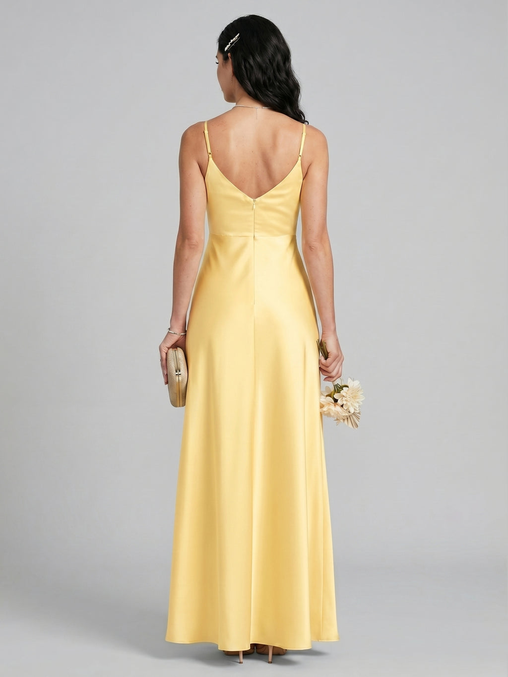 Chic Daffodil Satin A-Line V-Neck Back Zip Ankle-Length Bridesmaid Dress