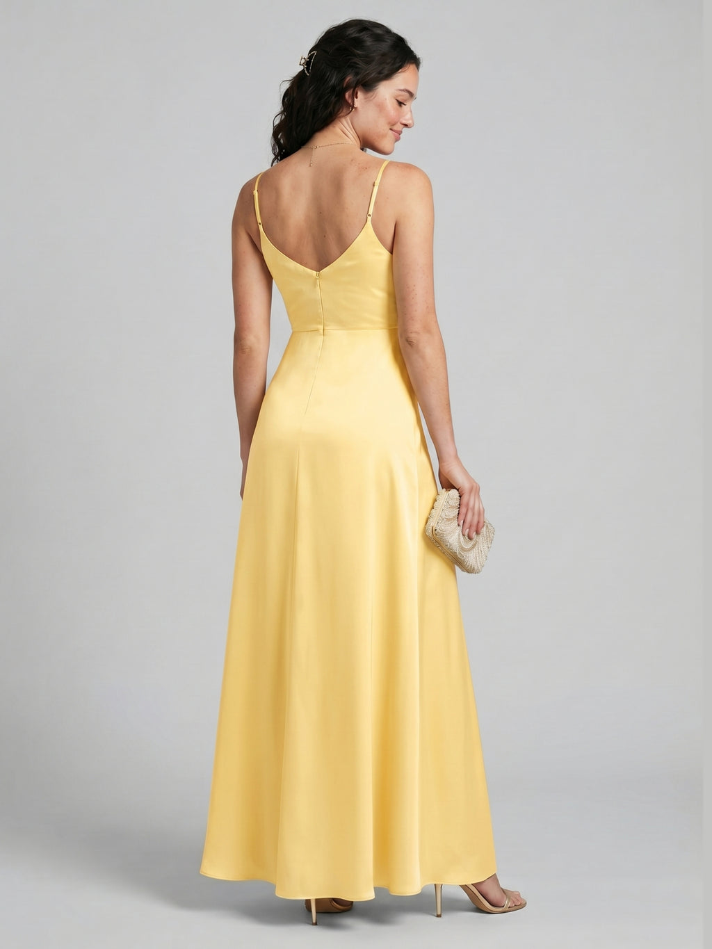Chic Daffodil Satin A-Line V-Neck Back Zip Ankle-Length Bridesmaid Dress